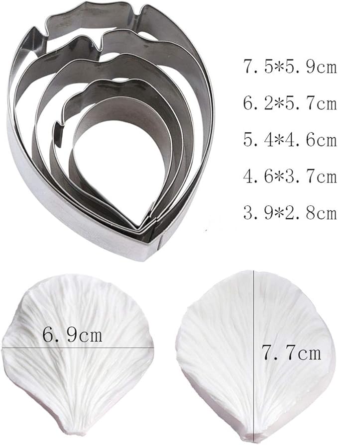 KALAIEN 5pcs Stainless Steel Peony Cutter 2pcs Fondant Silicone Mold Gumpaste Peony Sugarcraft Flower Veining Mold Veiner Petal Making Tool