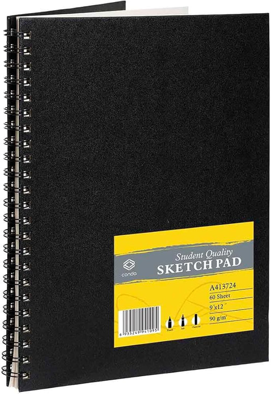 CONDA 9"x12" Double-Sided Hardbound Sketchbook, 60 Sheets, Heavyweight Hardcover Sketchbook, Spiral Sketch Pad, Durable Acid Free Drawing Paper for Drawing Painting