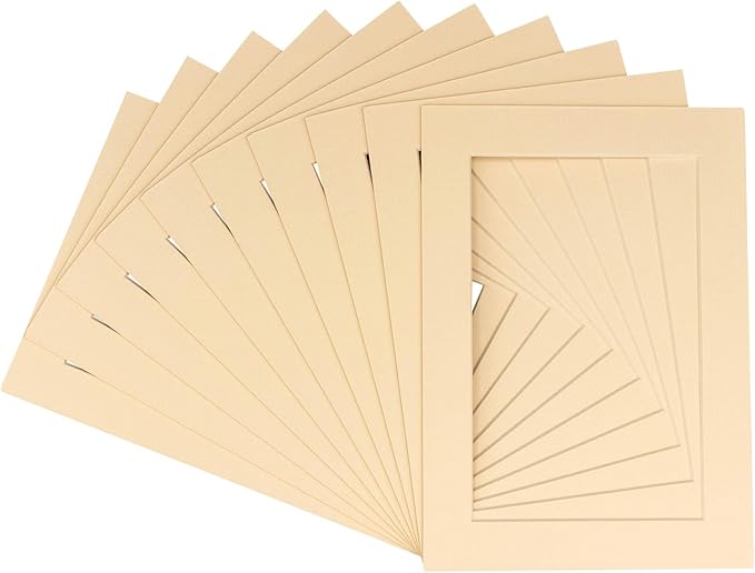 Pack of TEN 8x10 Mats Bevel Cut for 6x8 Photos - Acid Free Beige Precut Matboards For Pictures, Photos, Framing - 4-ply Thickness