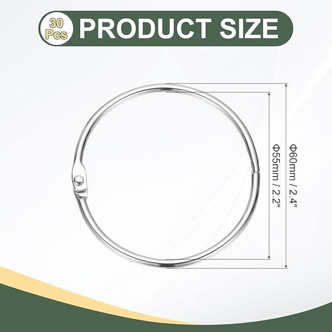 PATIKIL 2.2" x 2.4" Loose Leaf Binder Rings, 30 Pcs Metal Book Rings Nickel Keychain Ring for Paper Index Cards Flash Card Notebook Rings Office Home Book Binder, Silver Tone
