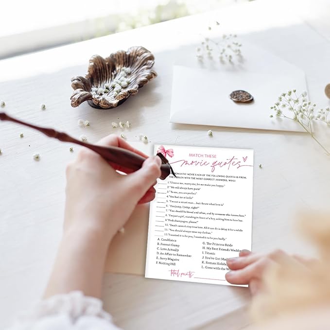 Bridal Shower Games Cards, Match These Movie Quotes, 25 Cards with 1 Answer Card, Engagement Party Games for Guests, Pink Ribbon Bow Wedding Party Supplies - E09
