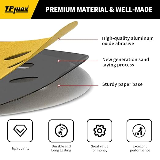 100PCS 5 Inch 125mm 8 Hole Sanding Discs Sandpaper Mixed Grits - Premium Gold Round Hook and Loop for Random Orbital Sander (60, 80, 120, 220, 320 Grit Variety Pack)