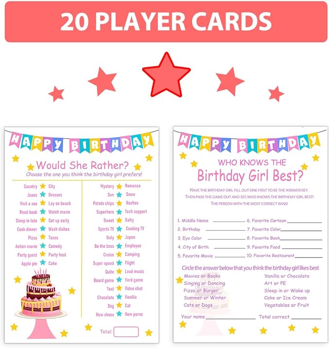 Birthday Party Games Set for Girls- 20 Birthday Double Sided Games Cards Set- Girls Birthday Party Activity Notebook Themed Party Activity and Idea - Girl Birthday Supplies, Activity, Decorations