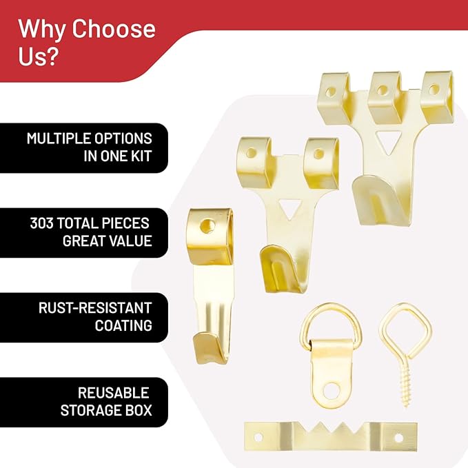303-Piece Picture Hanging Assortment, Heavy Duty Hooks, Nails, Sawtooth, D-Rings, Wire, Level, and Metal Wall Hooks for Picture Framing and Canvas Mounting (Gold)