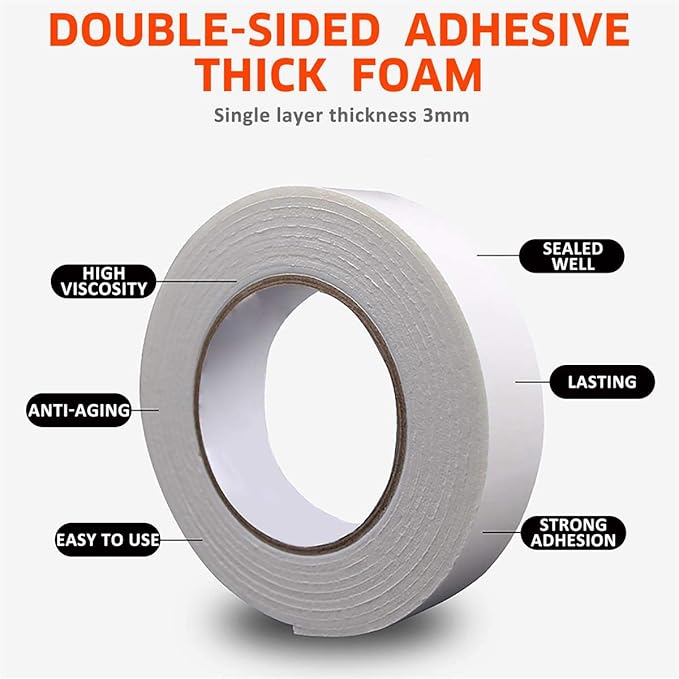 Double Sided Foam Tape 1.18In x 33FT 2 Pack, Mounting Tape Heavy Duty, Strong Adhesive Weatherproof Seal Strips for DIY Craft Picture Poster, Car & Gap Filling Mountings, Home Office Decor (White)