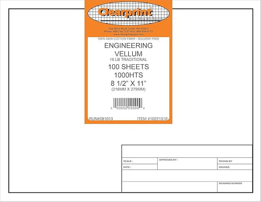 Clearprint 8-1/2" x 11" 1000H Design Vellum Sheets with Engineer Title Block, 16 lb., 100% Cotton, 100 Sheets Per Pack, 1 Each
