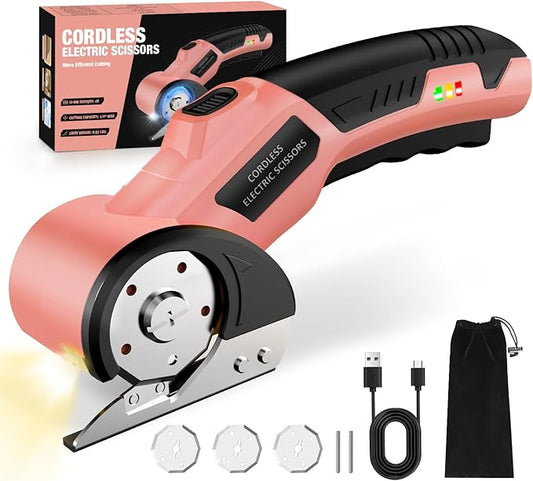 Cordless Electric Scissors: 4V Rechargeable Cardboard Cutter, 3 Blades, Safety Lock & LED Light, Box Cutter for Carton Carpet Plastic Fabric Leather (Pink)