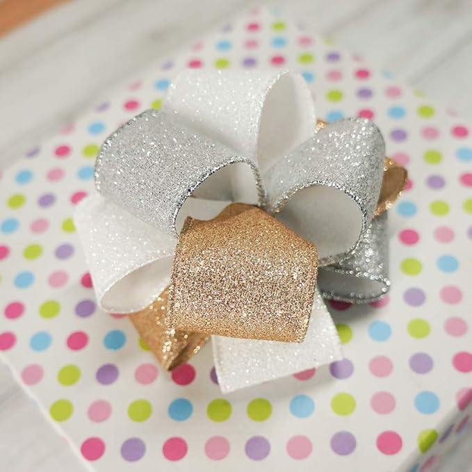 CT CRAFT LLC Glitter Wired Ribbon 1.5" x 10 Yards Gold (Champagne Gold) for Christmas Home Decor Bow Gift Wrapping DIY Crafts Wreath