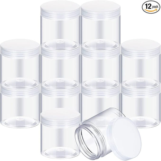SATINIOR 12 Pack Plastic Container Jars with Lids Round Clear Travel Cosmetic Container Jars for Toiletries, Lotion, Cream, Ointments, Makeup, Rhinestone, Samples, Kitchen Storage (7 Ounce, Clear)