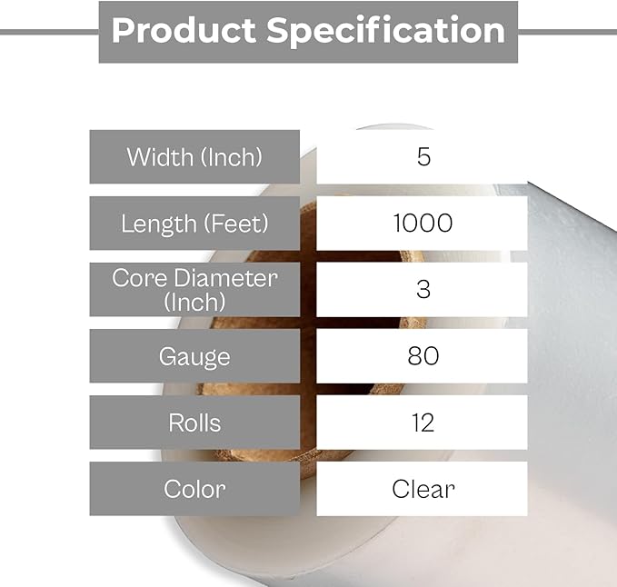 PSBM Mini Stretch Wrap with Handle, 12 Pack, 5 Inch x 1000 Feet, 80 Gauge, Clear, Small Plastic Cling Film for Pallets Moving Storing