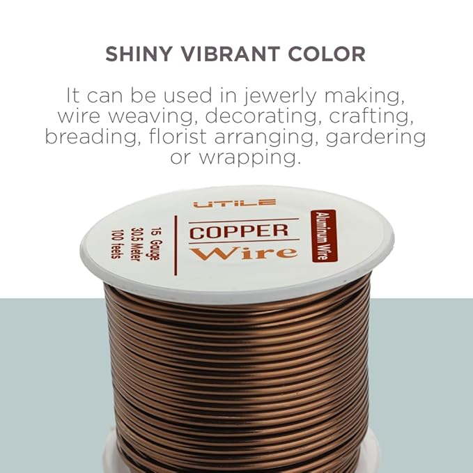 UTILE Bonsai Wire - Armature Aluminum Wire 100 ft 15 Gauge 1.8 mm Bonsai Training Wire, Tree Kit, Plant, Sculpting, Clay, Crafts, Bendable, Gardening, Beading and Jewelry Making (Copper)