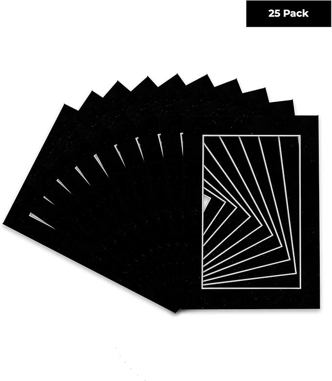 Pack of 25 Acid Free 8x10 Mats Bevel Cut for 5.5x8.5 Photos - Black Suede Precut Matboards With Backing Boards and Clear Photo Mat Bags For Pictures, Photos, Framing - 4-ply Thickness