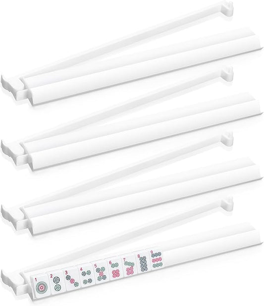 Mahjong Racks with Pushers Set of 4, Mahjong Tile Pushers and Racks, Acrylic Majiang Tile Holders Accessories (White)