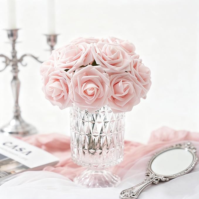 Artificial Flowers Foam Fake Roses 25pcs Light Pink Roses with Stems for Home Decor DIY Wedding Bouquets Party Bridal Shower Centerpieces Faux Flower Arrangements Tables Decorations