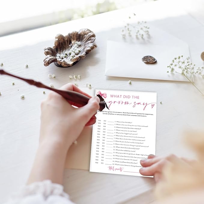 Wedding Shower Games Cards, What Did The Groom Say, Bridal Shower Games 25 Guests, Engagement Party Wedding Games for Guests, Pink Ribbon Bow Wedding Party Supplies - E12