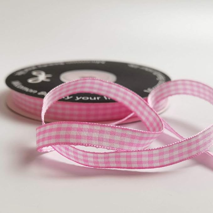 Pink Gingham Plaid Checked Ribbon 25 Yards Each Roll 100% Polyester (3/8",Pink)