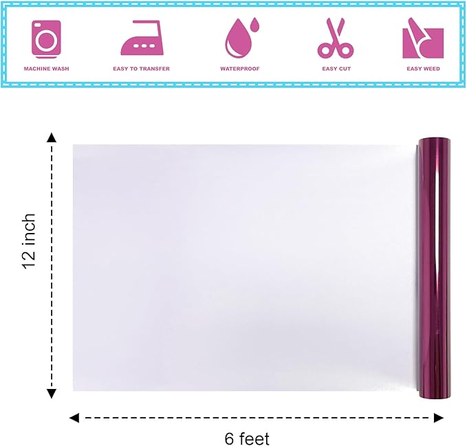 ROFISUESheet MetallicFoil HeatTransferVinyl Metallic Rose, 12Inch*6Ft BundleChrome HTV VibrantColors for Stunning T-Shirt DesignsPerfect forDIY (Metallic Rose, 12Inch*6Ft)