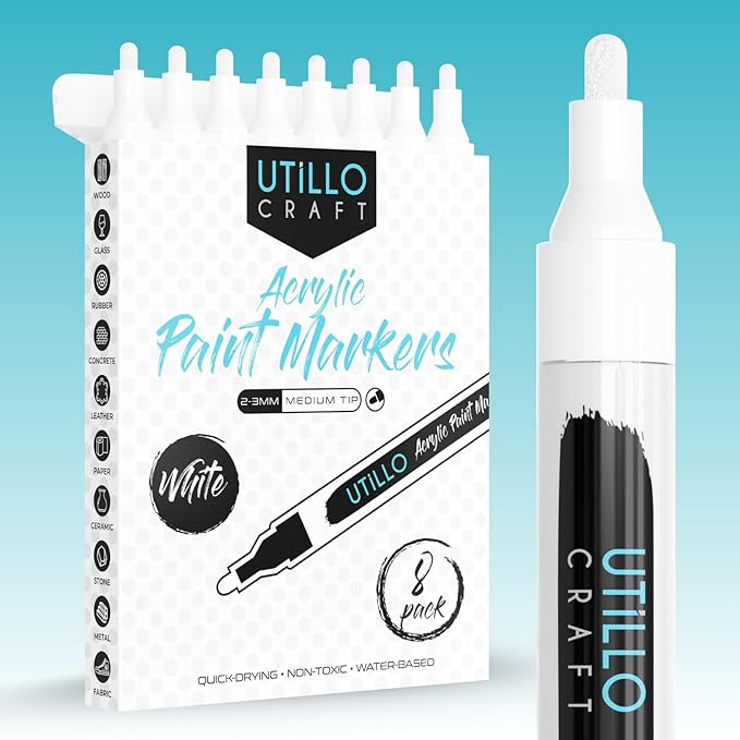 White Paint Pen (8-Pack) Medium Tip Made in Japan | Bold Color+100% Coverage | For Rock, Wood, Glass, Paper, Fabric, Canvas, Metal and More! | 2-3mm White Paint Pens | White Acrylic Paint Pens