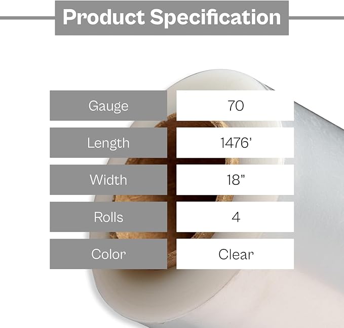 PSBM Stretch Wrap, 4 Pack, 17 Inch x 1476 Feet, 65 Gauge, Clear Plastic Cling, Cast Hand Stretch Film Rolls for Packaging Moving Packing Pallets