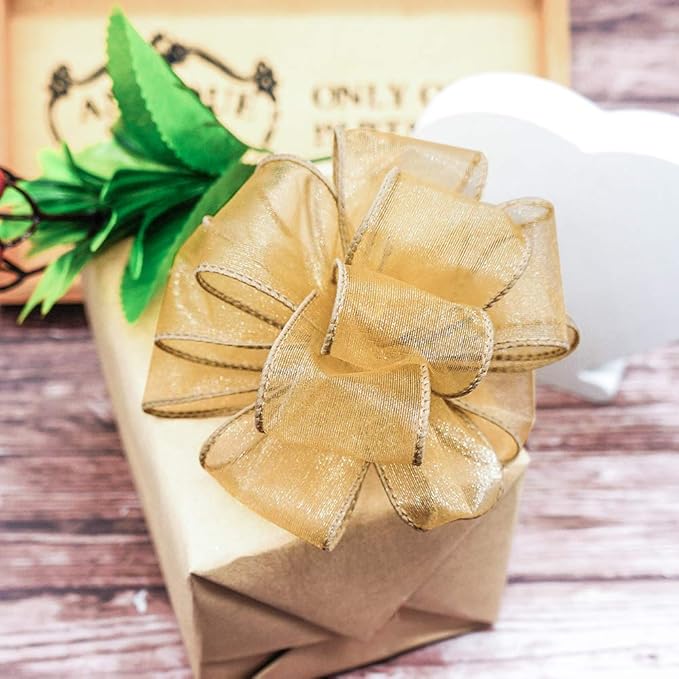 CT CRAFT LLC Sheer Organza Wired Ribbon 1.5" x 50Yards Tan (Gold) for Wedding Chair Bow Flora Bouquet Gift Wrapping Christmas Tree Home Decor Wreath