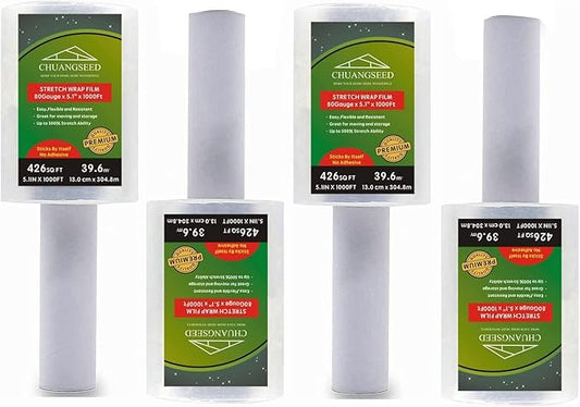 4-Pack Industrial Mini Clear Stretch Wrap Film 80 Gauge 5.1" 1000ft for Pallet Wrap, Durable Self-Adhering Packing, Moving, Packaging, Heavy Duty Shrink Film Chuangseed