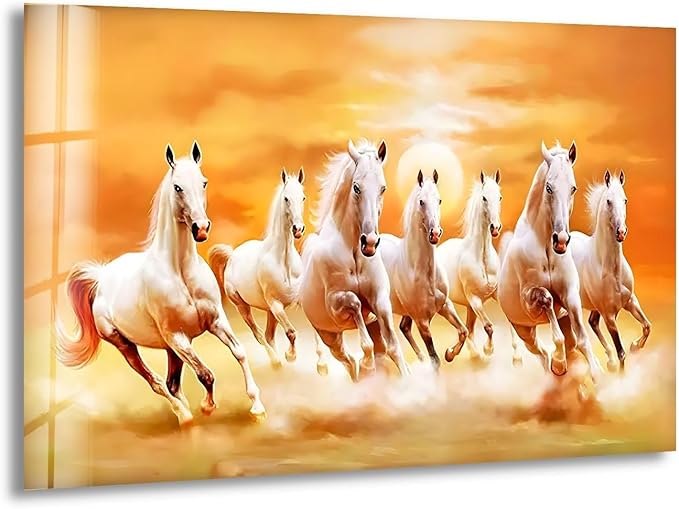 My Photostation.com Round 24'' White Horses Running on Sunset Glass Wall ArtTempered Glass Printing Wall Decor Large Wall Art Wall Hangings