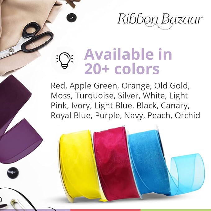 Ribbon Bazaar Sheer Organza Wired Ribbon - 100% Polyester Wire Edged Ribbon for Floral Decor, Table Arrangements, Apparel Embellishment & More - 1-1/2" Shocking Pink 25yd