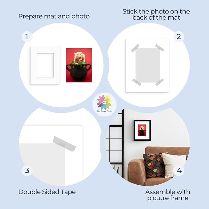 Mat Board Center, Pack of 50, 8x10 for 5x7 White Mats - Acid Free, 4-ply Thickness, White Core - for Pictures, Photos, Framing