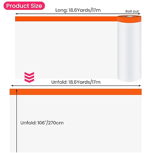 TAPEBEAR Pre-Taped Masking Film, 102" x 56Feet x 3Roll Plastic Sheeting Cover for Painting, Tape and Drape, Painters Masking Tape Film Plastic Drop Cloths for Auto, Appliance and Furniture