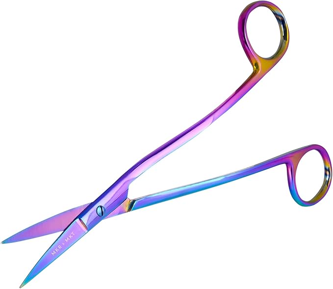 Applique Long Thin Needlepoint Blade 6.1 Inch - Double Bent Curved Offset Handle Scissors with Pouch Sleeve for Embroidery, Fabric, Thread, Knitting, Sewing, Arts & Craft (Rainbow)