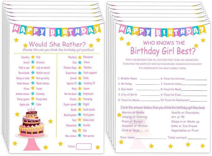 Birthday Party Games Set for Girls- 20 Birthday Double Sided Games Cards Set- Girls Birthday Party Activity Notebook Themed Party Activity and Idea - Girl Birthday Supplies, Activity, Decorations