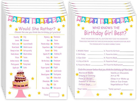 Birthday Party Games Set for Girls- 20 Birthday Double Sided Games Cards Set- Girls Birthday Party Activity Notebook Themed Party Activity and Idea - Girl Birthday Supplies, Activity, Decorations