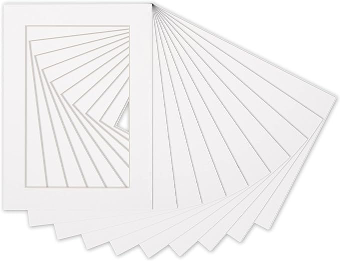Pack of Ten Acid Free 8x10 Mats Bevel Cut for 5.5x8.5 Photos - White Precut Matboards with Backing Boards and Self Seal Photo Mat Bags for Pictures, Photos, Framing - 4-ply Thickness