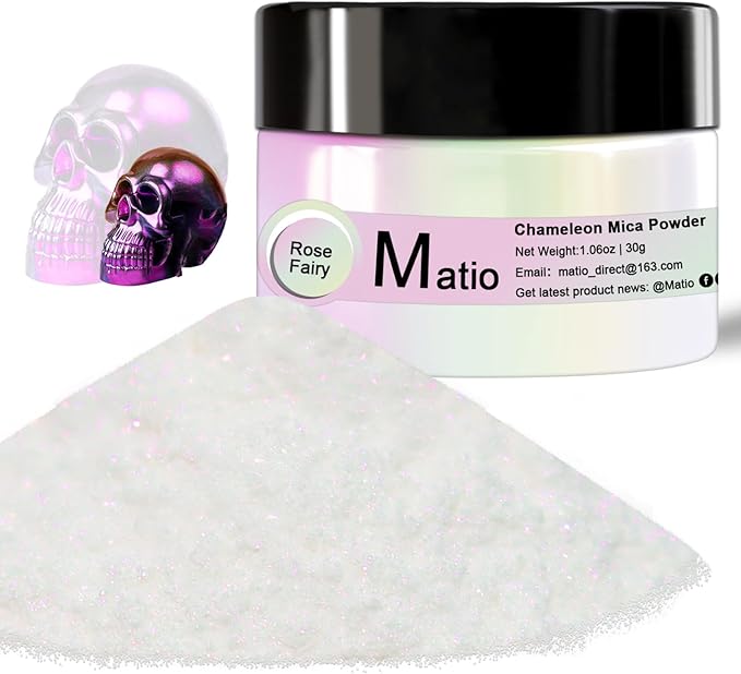 Matio Chameleon Mica Powder, 1.06oz/ 30g Rose Fairy White Chrome Powder, Pearlescent Effect Color Shift Pigment for Resin Craft, Soap Candle Dye, Nail Art, Makeup, Bath Bomb, Paint, Slime Pigment