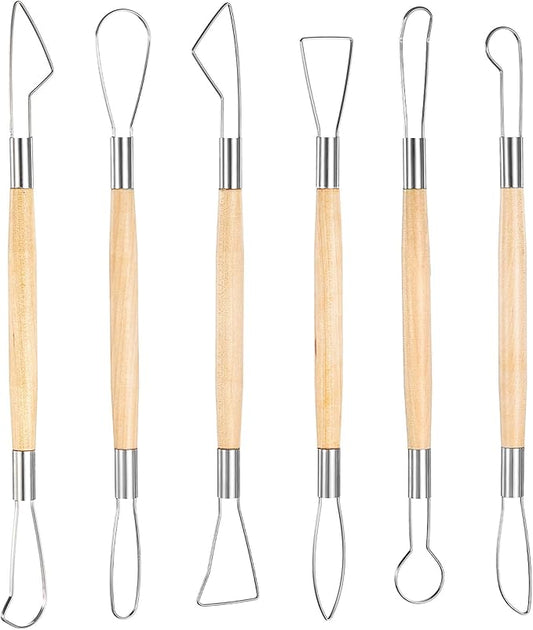6Pcs Clay Sculpting Tools Ceramic Pottery Clay Ribbon Sculpting Tools Wooden Handle Sculpting Tools Kit Pottery Trimming Detail Tool Wire Loop Sculpture Set for Wax Carving Modeling