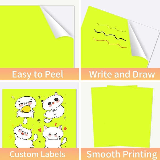 Neon Yellow Sticker Paper Labels for Laser & Inkjet Printer, Fluorescent Yellow Printable Sticker Paper- Matte, Letter Size 8.5" x 11"