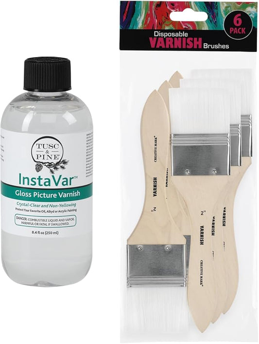 Jerry's Artarama InstaVar™ Gloss Picture Varnish & Varnish Brush Sets - Perfect for Varnish Paintings, Artists, Professionals, Restoration, & More! - 8.4oz Bottle w/ Set of 6 Brushes