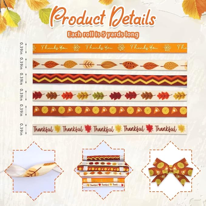 6 PCS Thanksgiving Fall Ribbons - 3/8'' Width Pumpkin Orange Satin Metallic Words Maple Leaves Craft Ribbons for Gift Wrapping & Decorations