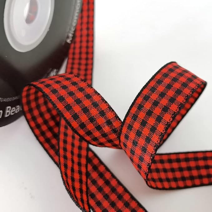 Red and Black Gingham Plaid Checked Ribbon 25 Yards Each Roll 100% Polyester (5/8",BlackRed)