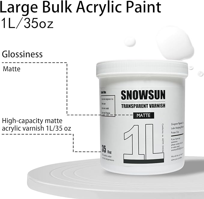 SNOWSUN Matte Varnish for Acrylic Painting, 1L Professional Acrylic Artist's Varnish, Matte Finish, Non-Yellowing, Non-Toxic, Suitable for Artists, Hobby Painters & Kids
