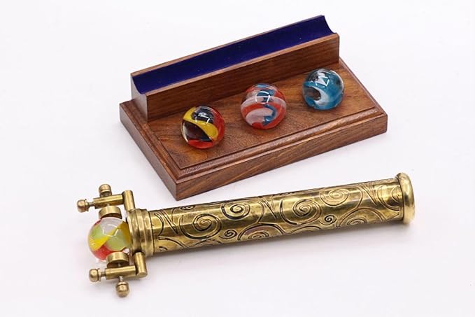 RII Marble Scope Kaleidoscope | Exquisite Etched Brass Design with Interchangeable Marbles | First Surface Mirrors for Clear Patterns | Includes Hardwood Stand | Ideal Antique Nautical Vintage Gift