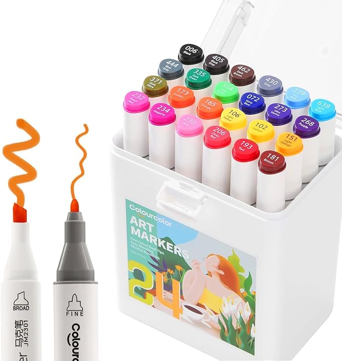 Back to School 24 Colors Alcohol Markers Set, Fine & Chisel Dual Tips Art Twin Sketch Pens Permanent Alcohol Based with Case Office Supplies