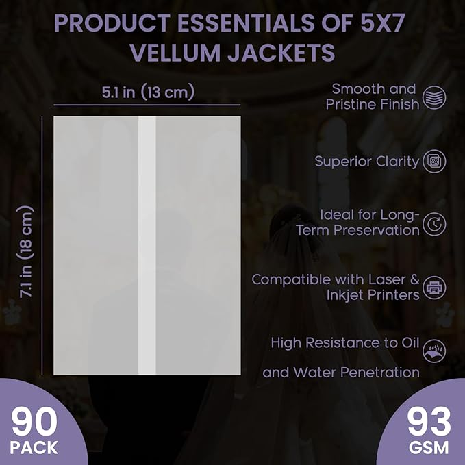 SuFly Pre-Folded Vellum Jackets for 5x7 Invitations, 90-Pack (60lb/93gsm) Translucent Vellum Paper 5x7 Sleeves, Invitation Jackets, Elegant Wedding Invitation Accessories, Envelope Liners, DIY Crafts.