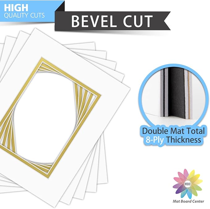 Mat Board Center, Double Mat - Acid Free, 8-ply Thickness, White Core - for Pictures, Photos, Framing (Off White Over Gold, 8x10 for 5x7, Pack of 5)