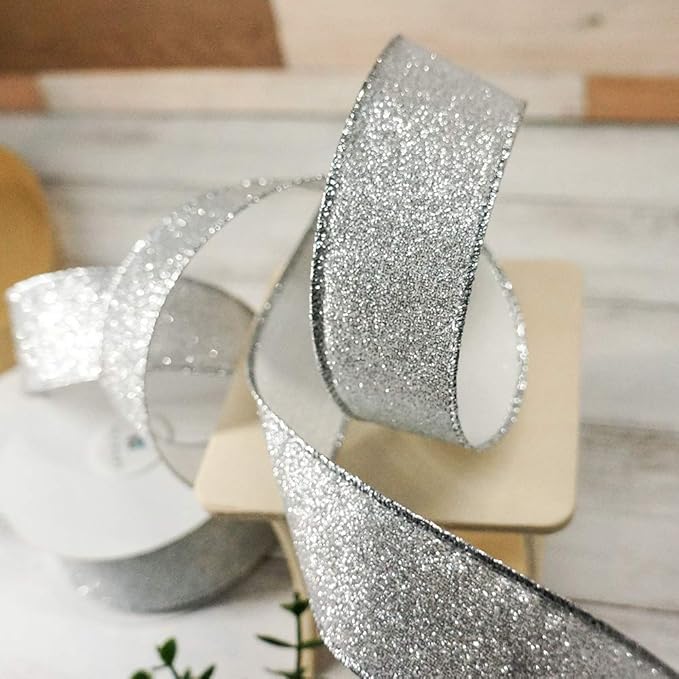 CT CRAFT LLC Glitter Wired Ribbon 1.5" x 10 Yards Silver for Christmas Home Decor Bow Gift Wrapping DIY Crafts Wreath