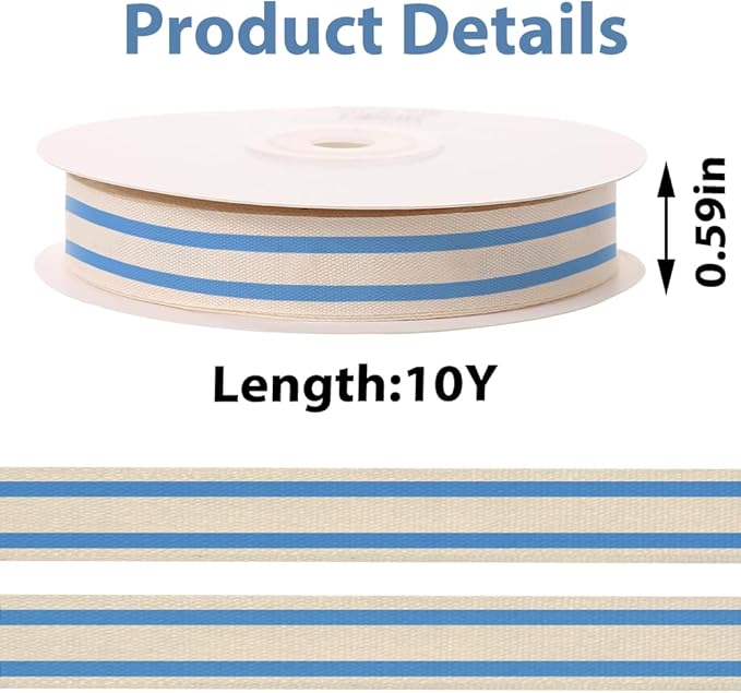 10 Yards × 3/5 Inch Blue Natural Cotton Ribbon, Double Sided Webbing Straps Ribbons, Birthday Wedding Valentines Ribbons for Crafting, DIY Sewing, Gift Wrapping