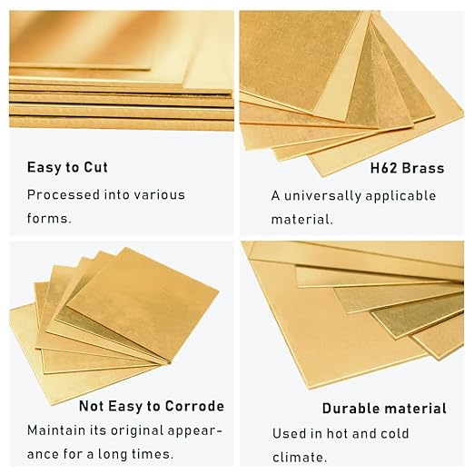 16 Gauge Brass Sheet，H62 Brass Plates Metal 0.047" Thickness x 5.9" Width x 5.9" Lenght, for Models, Crafts, Repairs, Electrical, 2Pcs
