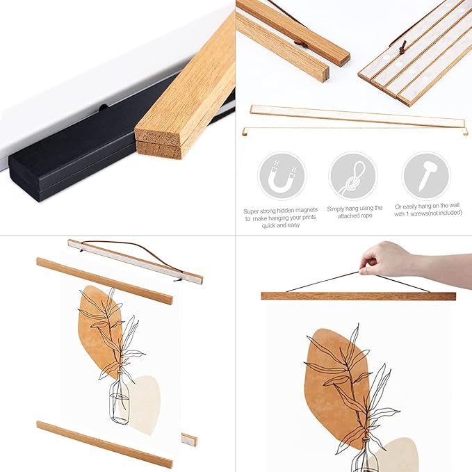Ywlake Magnetic Poster Hanger, 34x22.5 34 x 22 34x24 Poster Frame Wood Wooden Magnet Print Posters Dowel Scroll Hanger Hangers Hanging Kit for Walls Map Canvas Artwork (Teak Wood, 34")