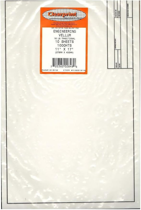 Clearprint 11" x 17" 1000H Design Vellum Sheets with Engineer Title Block, 16 lb., 100% Cotton, 10 Sheets Per Pack, 1 Each