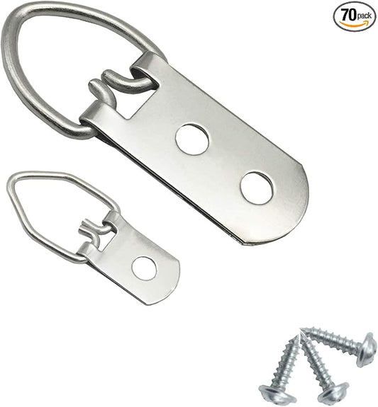 70 Pack D-Ring Steel Picture Hangers Heavy Duty with Screws Picture Frames Double Holes Clasp Picture Hang Solutions, for Hanging Clock Paintings Artwork Picture Frame Hook Photos Mirrors